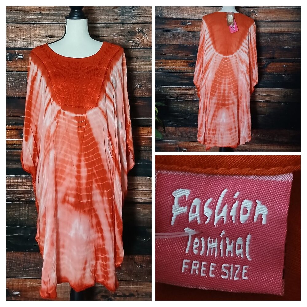 NWT Fashion Terminal Caftan Tunic Top Boho Embroidered Tie Dye Kaftan Free Size